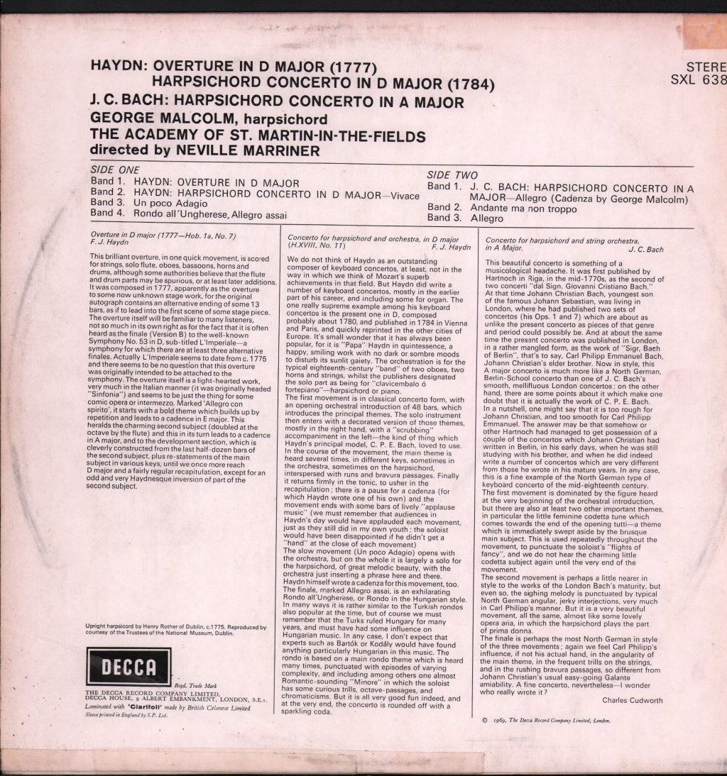 George Malcolm / Academy Of St. Martin-in-the-Fields - Haydn / J.C. Bach - Harpsichord Concertos - Lp