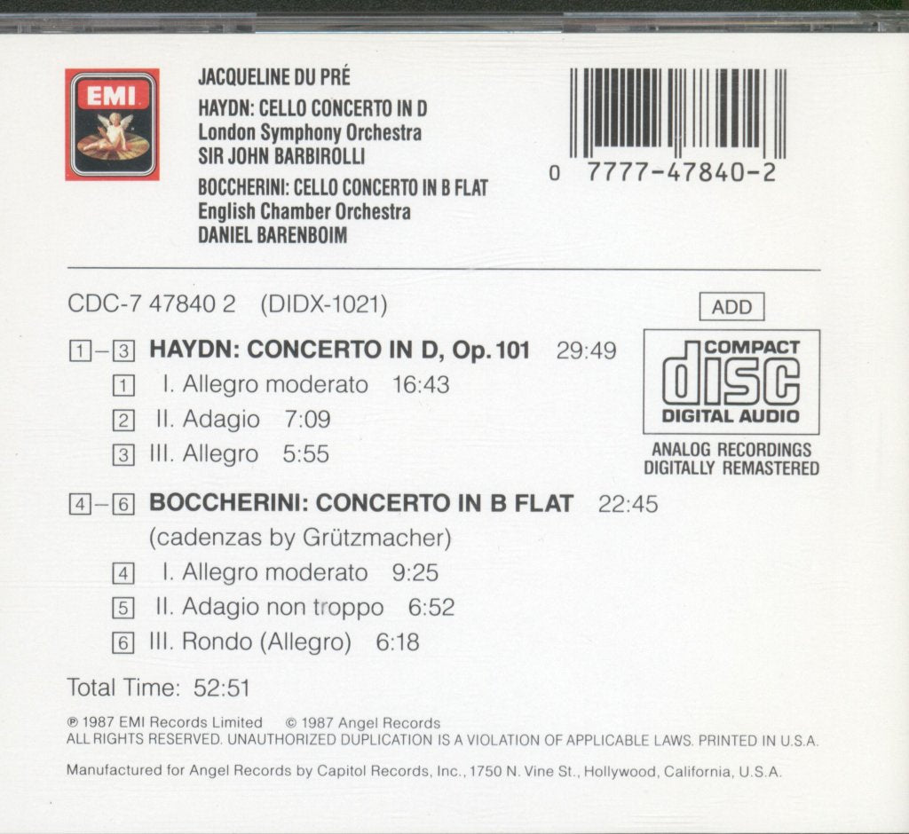 Jacqueline Du Pre, Daniel Barenboim , London Symphony Orchestra - Haydn Cello Concerto in D / Boccherini Cello Concerto in B Flat - Cd