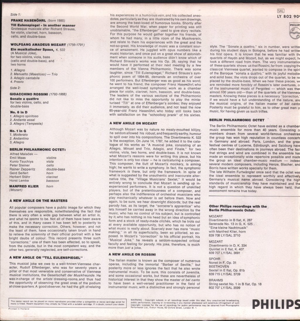 Berlin Philharmonic Octet - Franz Hasenohrl - Till Eulenspiegel - In Another Manner / Mozart - A Musical Joke - Lp