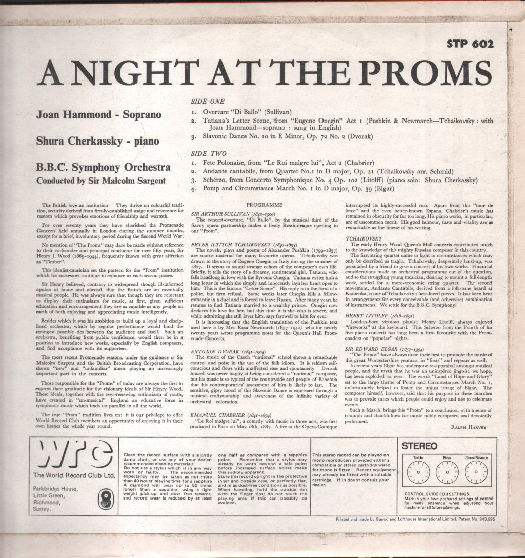 Sir Malcolm Sargent / BBC Symphony Orchestra / Joan Hammond / Shura Cherkassky - A Night At The Proms - Lp