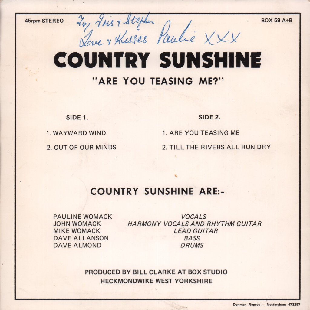 Country Sunshine - Are You Teasing Me - 7 Inch