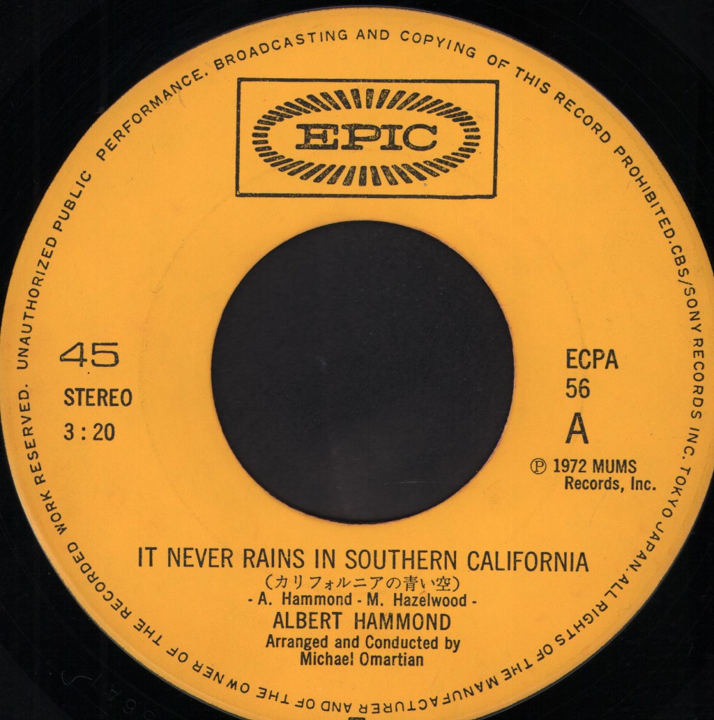 Albert Hammond - It Never Rains In Southern California - 7 Inch