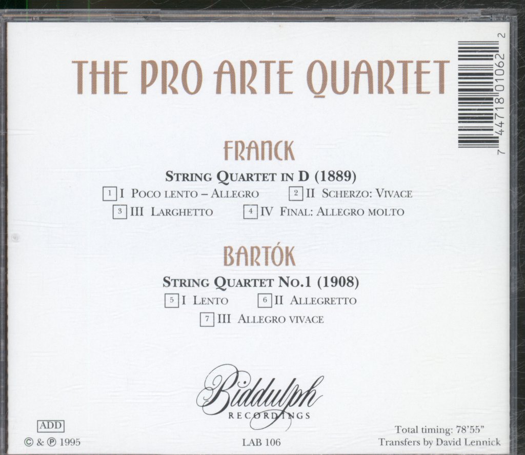 Pro Arte Quartet - Franck / Bartok - String Quartet In D/ String Quartet N°1 - Cd