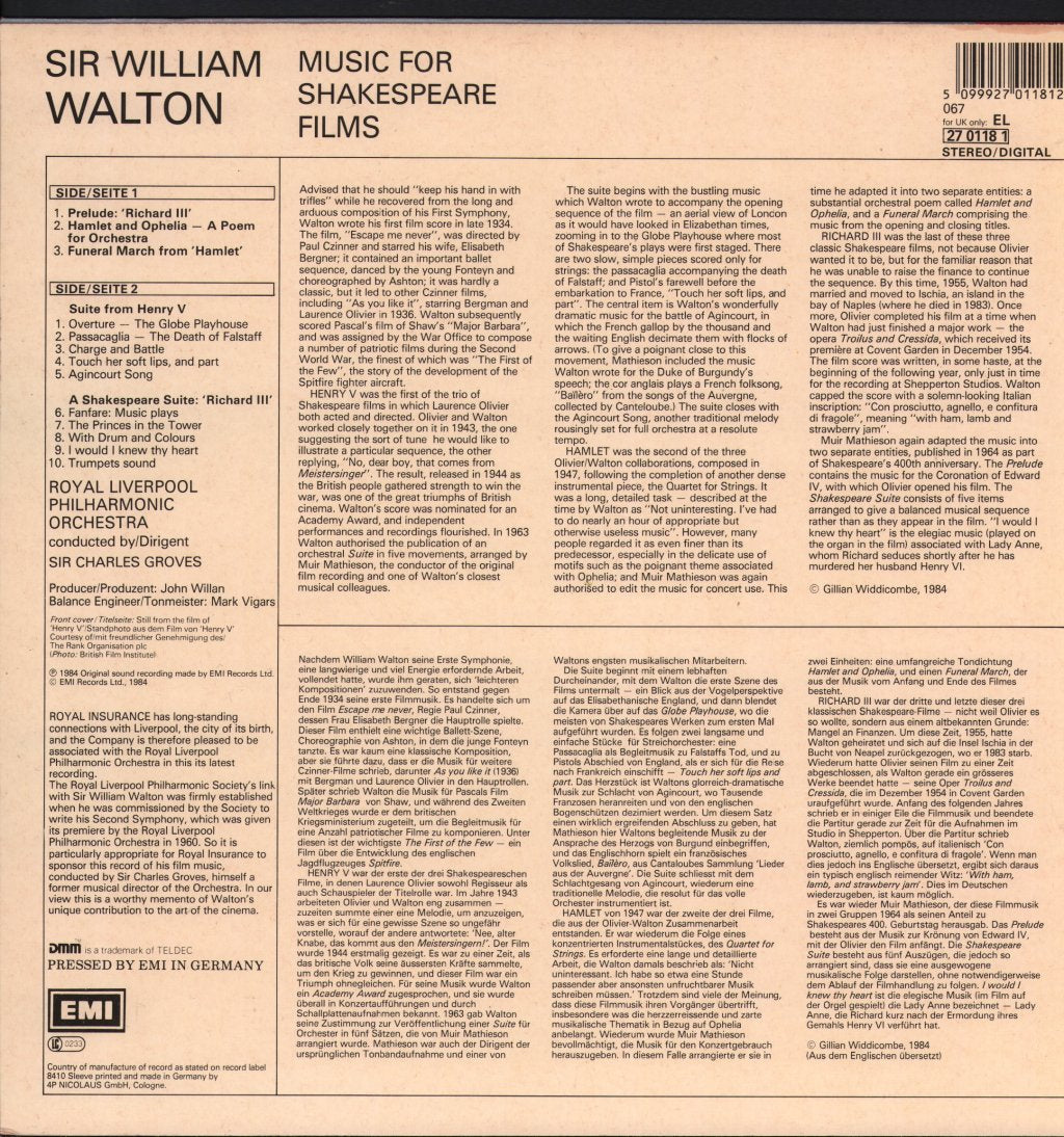 Sir Charles Groves / Royal Liverpool Philharmonic Orchestra - William Walton - Music For Shakespeare Films - Hamlet, Henry V, Richard III - Lp