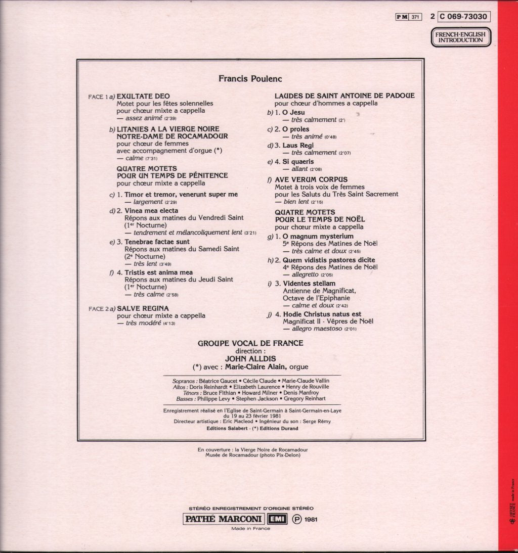 Groupe Vocal De France / John Alldis - Francis Poulenc - Choeurs A Cappella - Lp