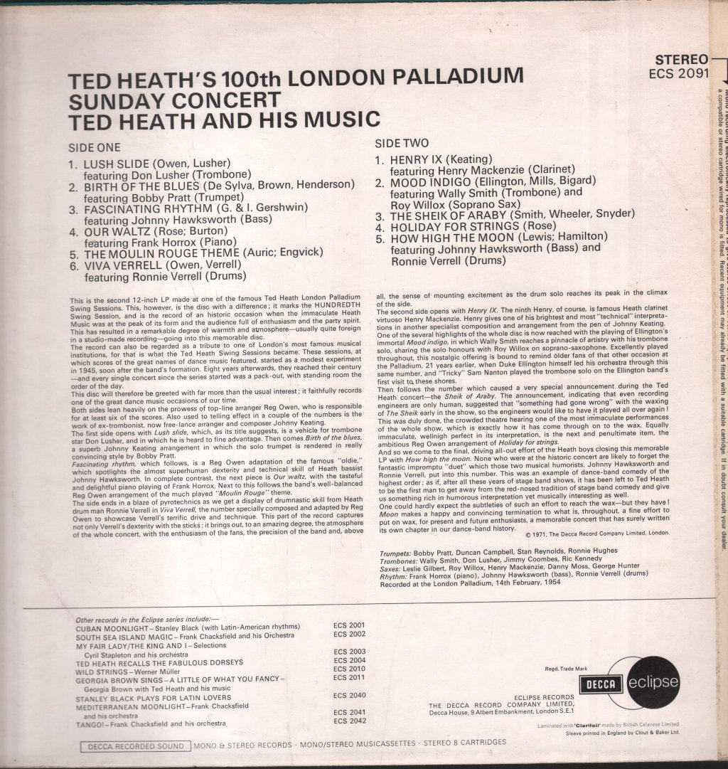 Ted Heath And His Music - Ted Heath's 100th London Palladium Sunday Concert - Lp
