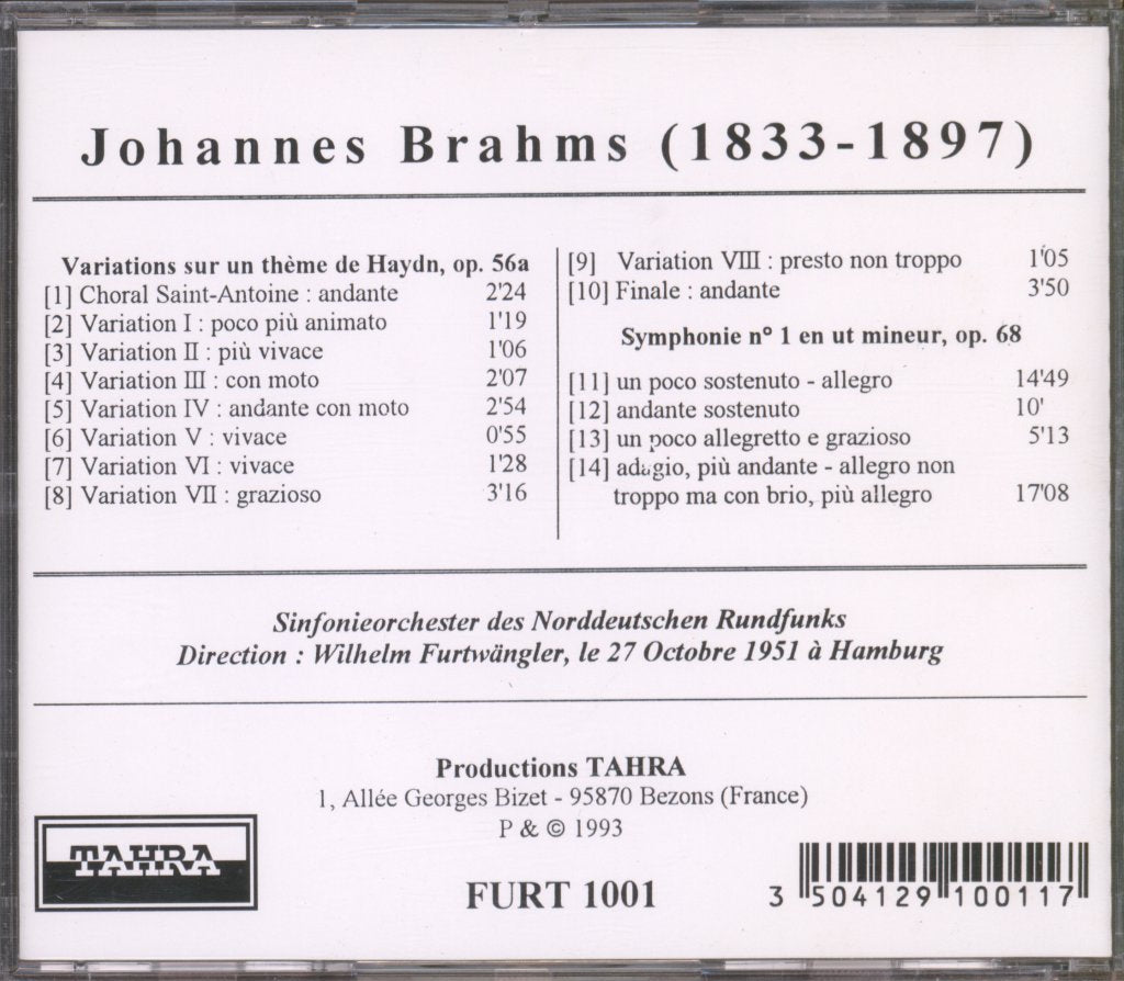 Wilhelm Furtwängler - Furtwängler Dirige Brahms • Hamburg, 27.X.1951 - Cd