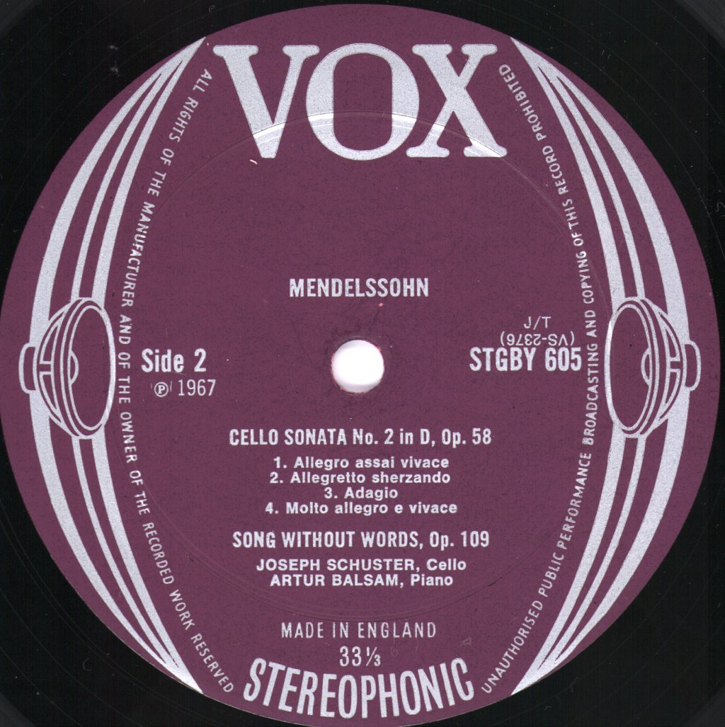 Joseph Schuster / Artur Balsam - Mendelssohn Cello Sonatas - Lp