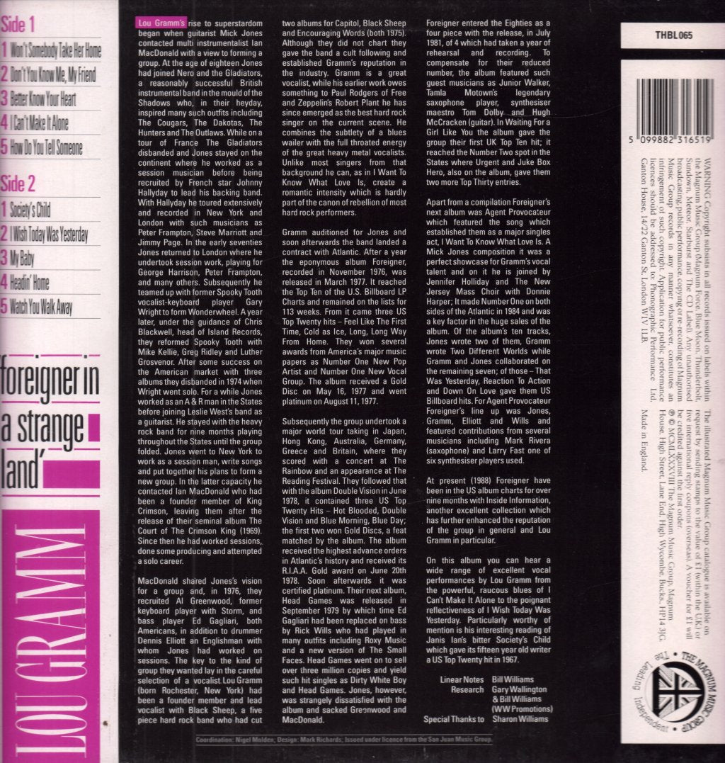 Lou Gramm (foreigner) - Foreigner In A Strange Land - Lp