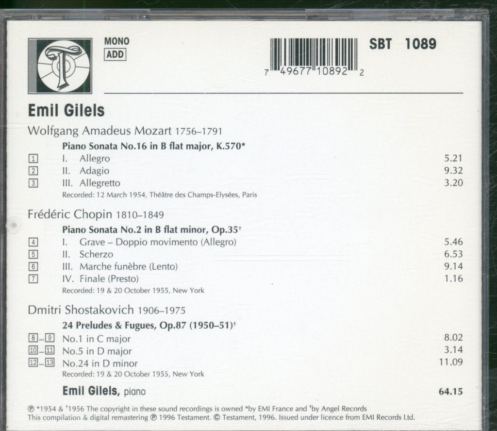 Emil Gilels - Mozart. Chopin. Shostakovich - Cd