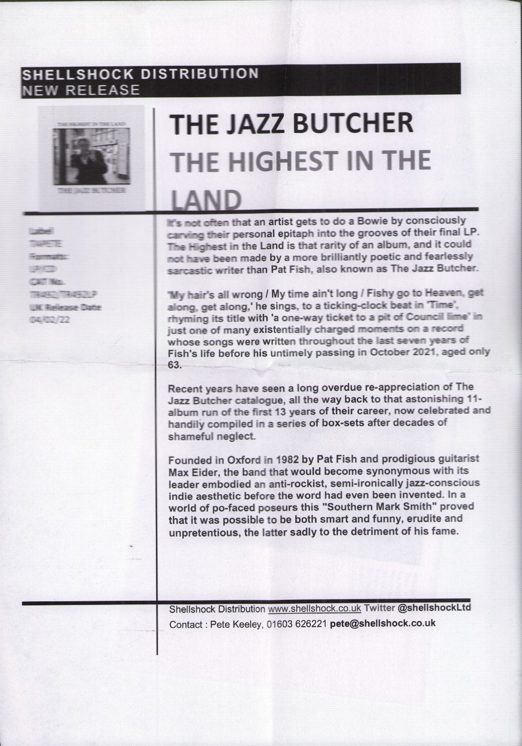 Jazz Butcher - Highest In The Land - Cd