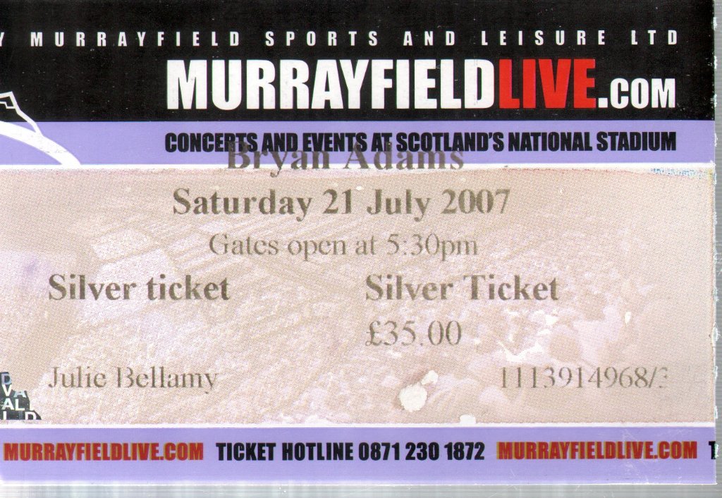 Bryan Adams - Murrayfield Edinburgh 21 July 2007 - Ticket