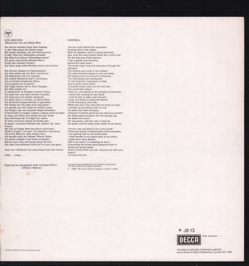 James King / Dietrich Fischer-Dieskau / Leonard Bernstein / Vienna / Wiener Philharmonic - Mahler - Das Lied Von Der Erde - Lp