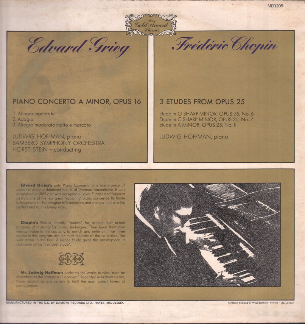 Ludwig Hoffmann / Horst Stein / Bamberg Symphony Orchestra - Grieg - Piano Concerto In A-Minor / Chopin - 3 Etudes - Lp