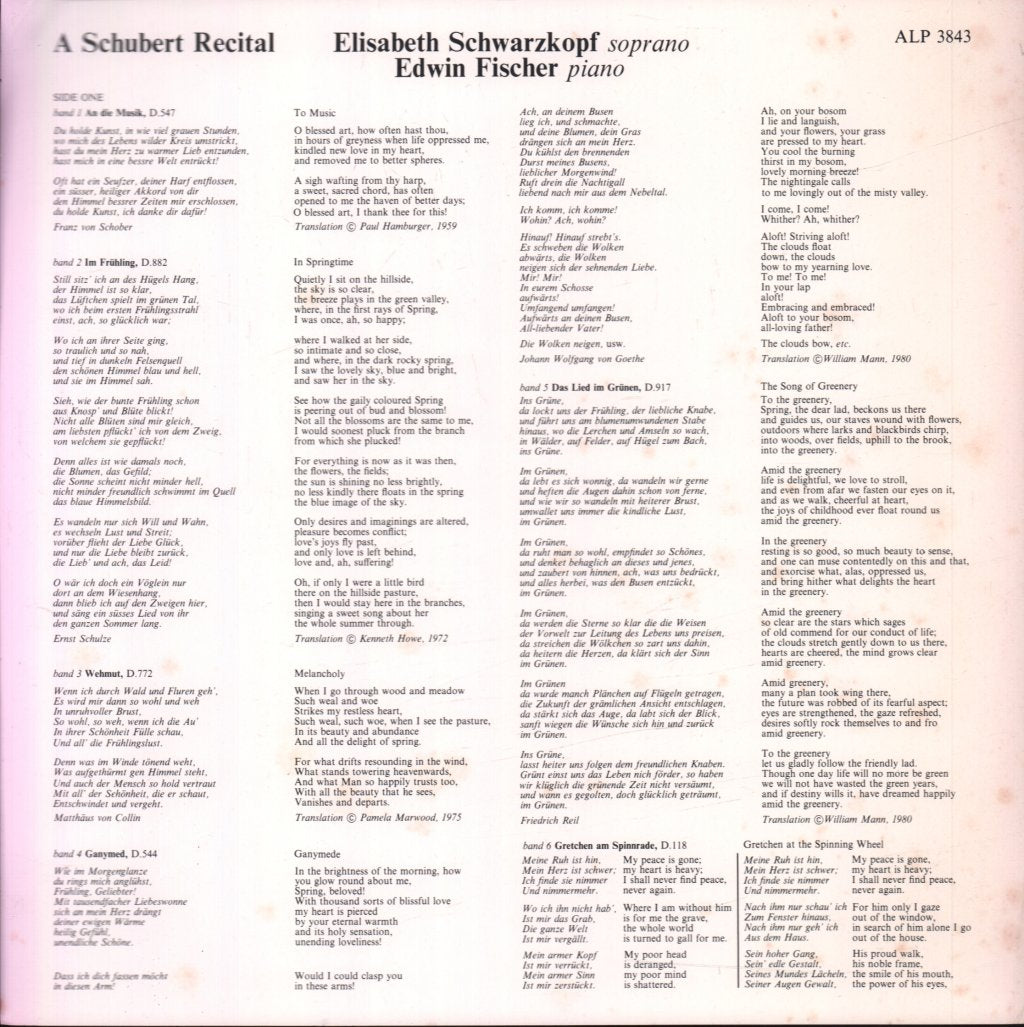 Elisabeth Schwarzkopf / Edwin Fischer - Schubert Song Recital - Lp