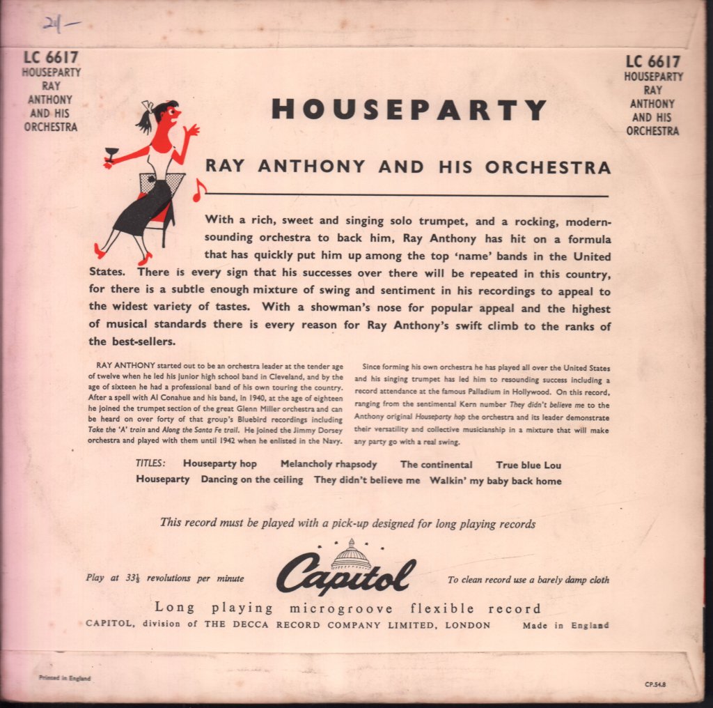 Ray Anthony and His Orchestra - Houseparty - 10 Inch