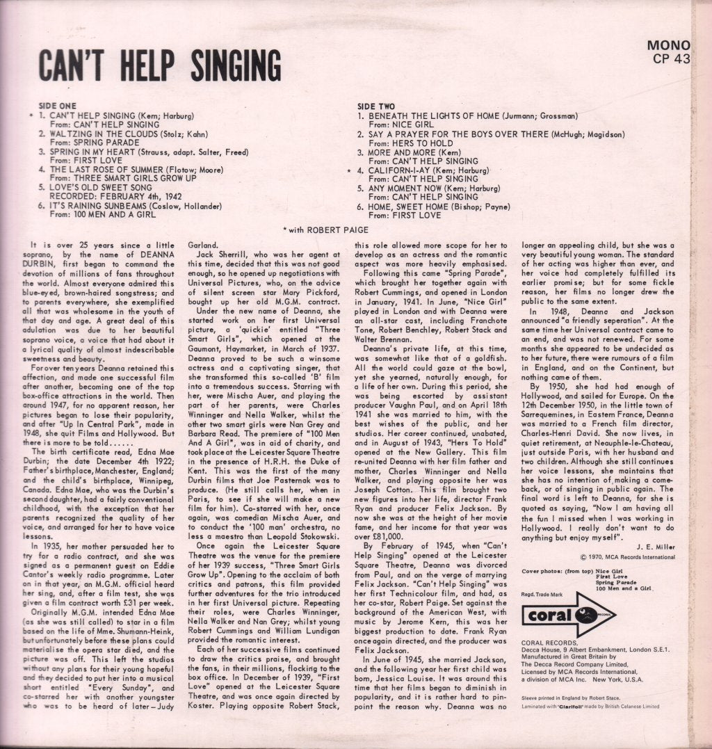 Deanna Durbin - Can't Help Singing - Lp