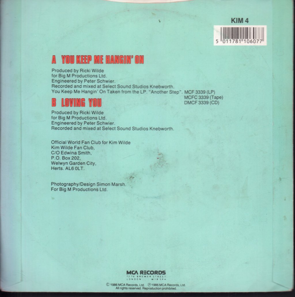 Kim Wilde - You Keep Me Hangin On - 7 Inch