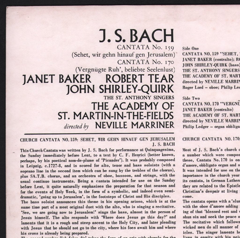 Janet Baker / Robert Tear / John Shirley-Quirk /  Neville Marriner / Academy Of St Martin-in-the-Fields - J.S. Bach - Cantatas No. 159 & 170 - Lp