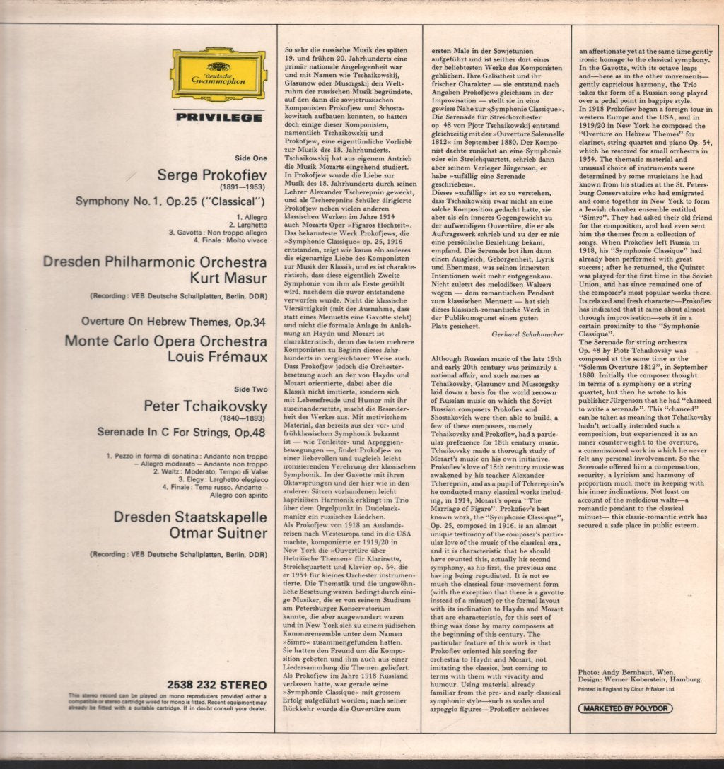Kurt Masur / Louis Frémaux / Otmar Suitner - Prokofiev - Symphonie Classique / Ouverture Über / Tschaikowsky - Hebräiche Themen - Lp