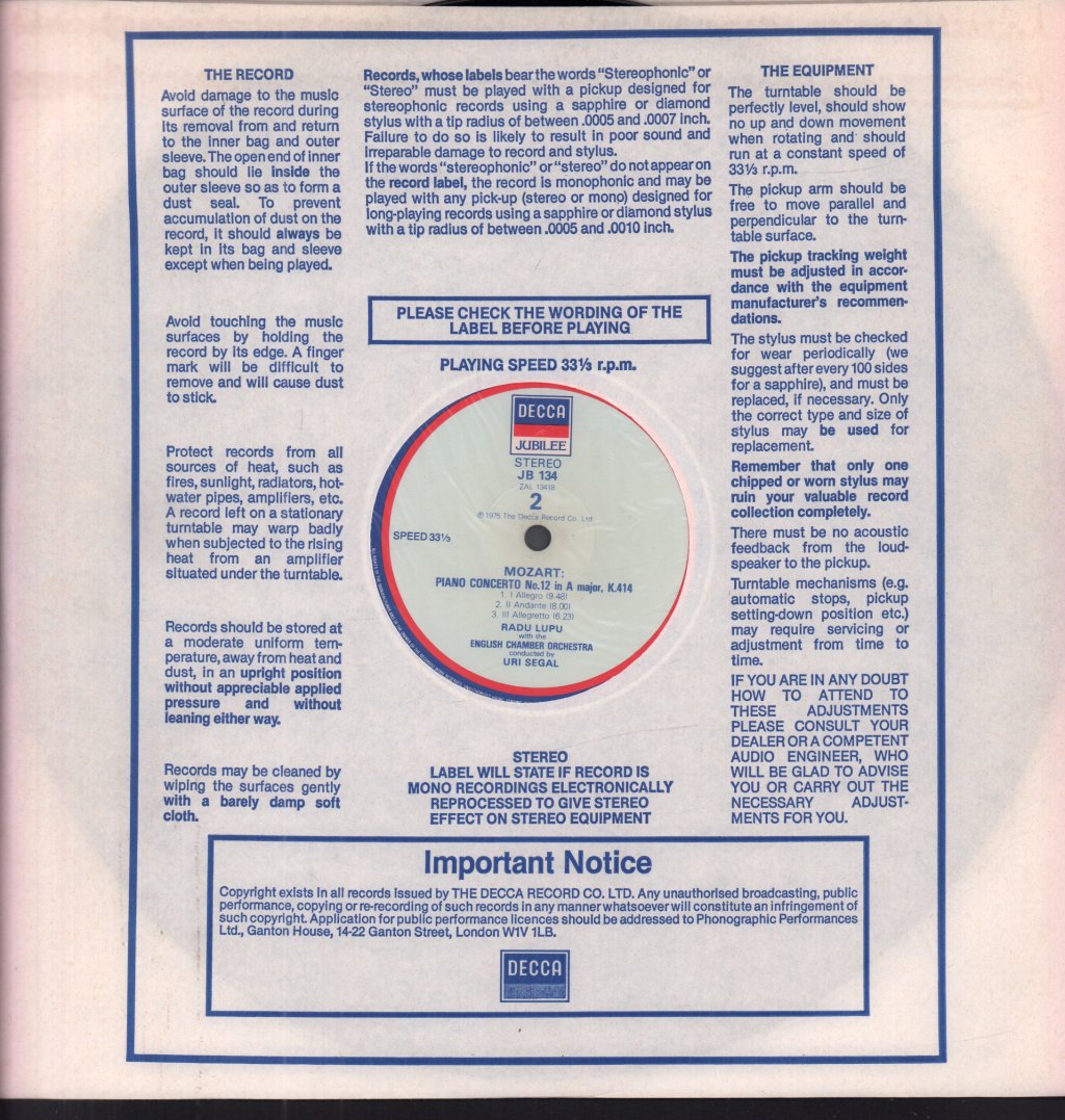 Radu Lupu / English Chamber Orchestra / Uri Segal - Mozart Piano Concertos Klavierkonzerte No.21,  K.467 Elvira Madigan & No.12, K. 414 - Lp