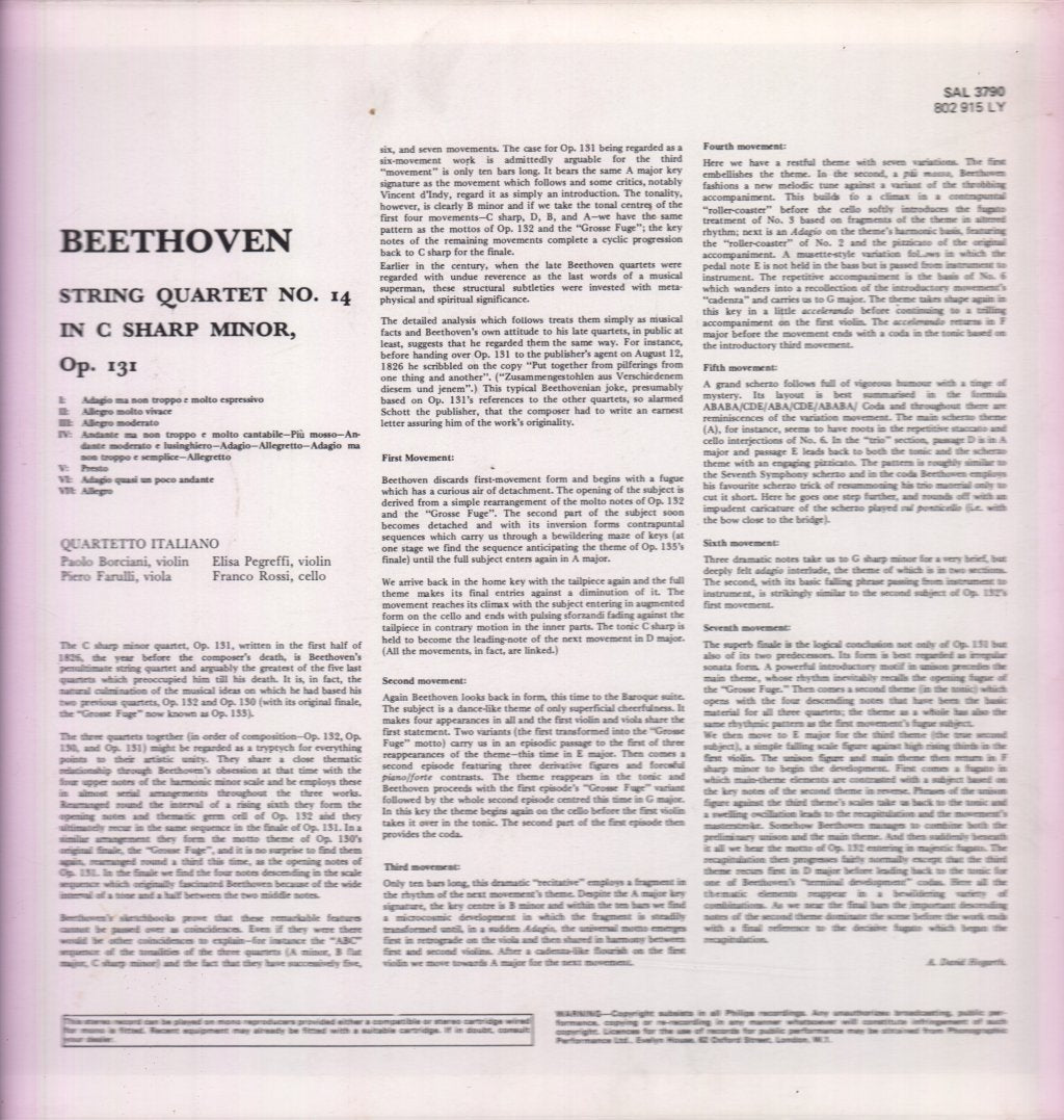 Quartetto Italiano - Beethoven String Quartet In C Sharp Minor, Op. 131 - Lp