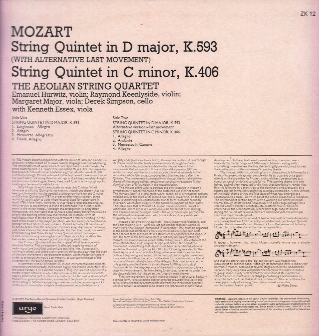 Aeolian String Quartet - mozart String Quintet In D Major - Lp