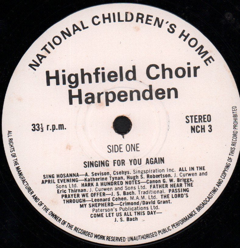HIGHFIELD CHOIR HARPENDEN - SINGING FOR YOU AGAIN - Lp