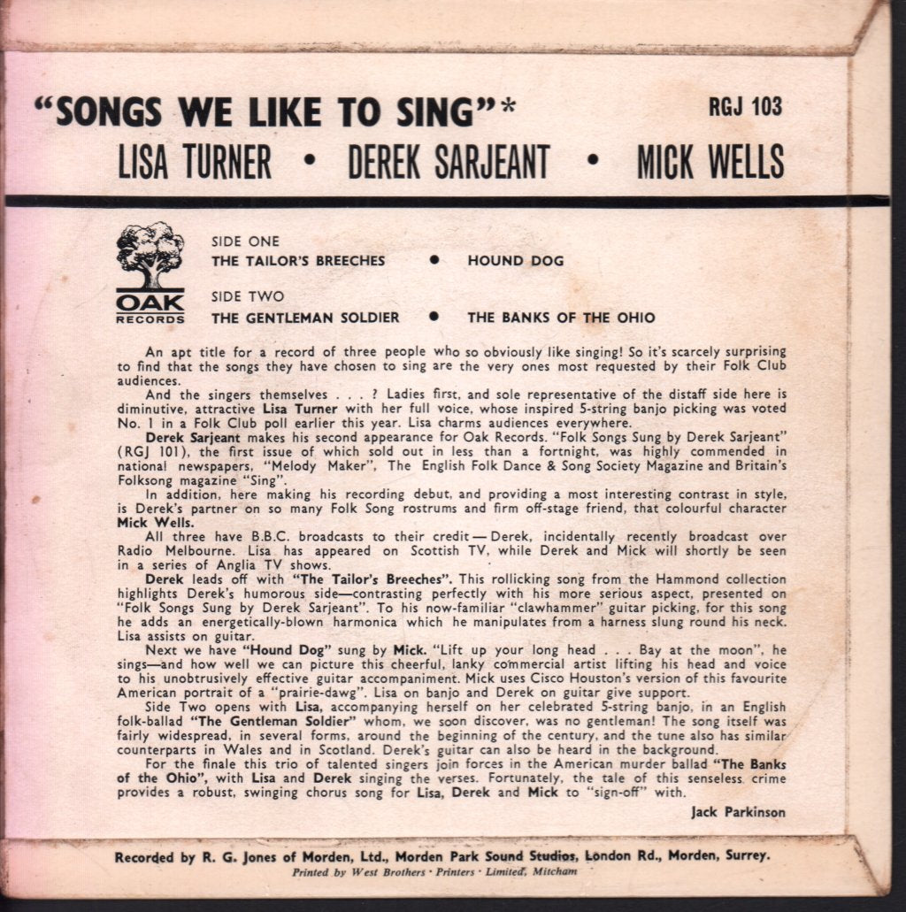 Derek Sarjeant, Lisa Turner, Mick Wells - Songs We Like To Sing - 7 Inch