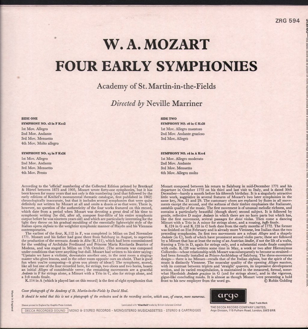 Neville Marriner / Academy Of St. Martin In The Fields - Mozart - Four Early Symphonies Nos. 13 - 16 - Lp