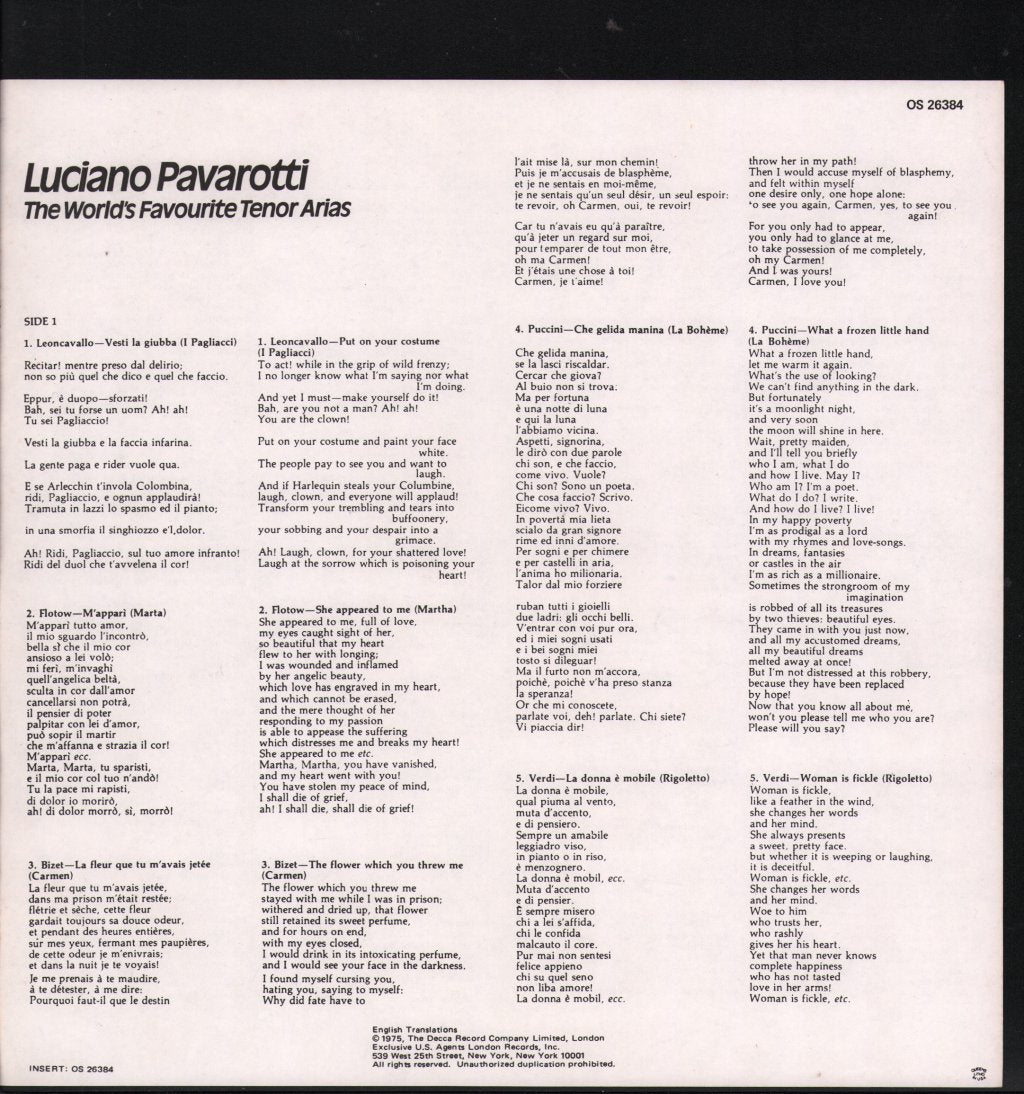 Luciano Pavarotti - World's Favorite Tenor Arias - Lp