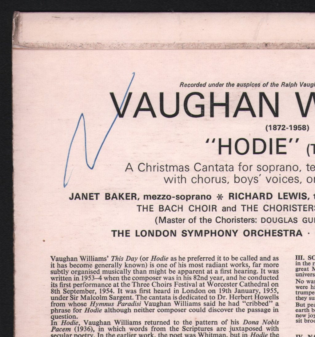 Janet Baker / Richard Lewis / John Shirley-Quirk / David Willcocks - Vaughan Williams - Hodie - A Christmas Cantata - Lp