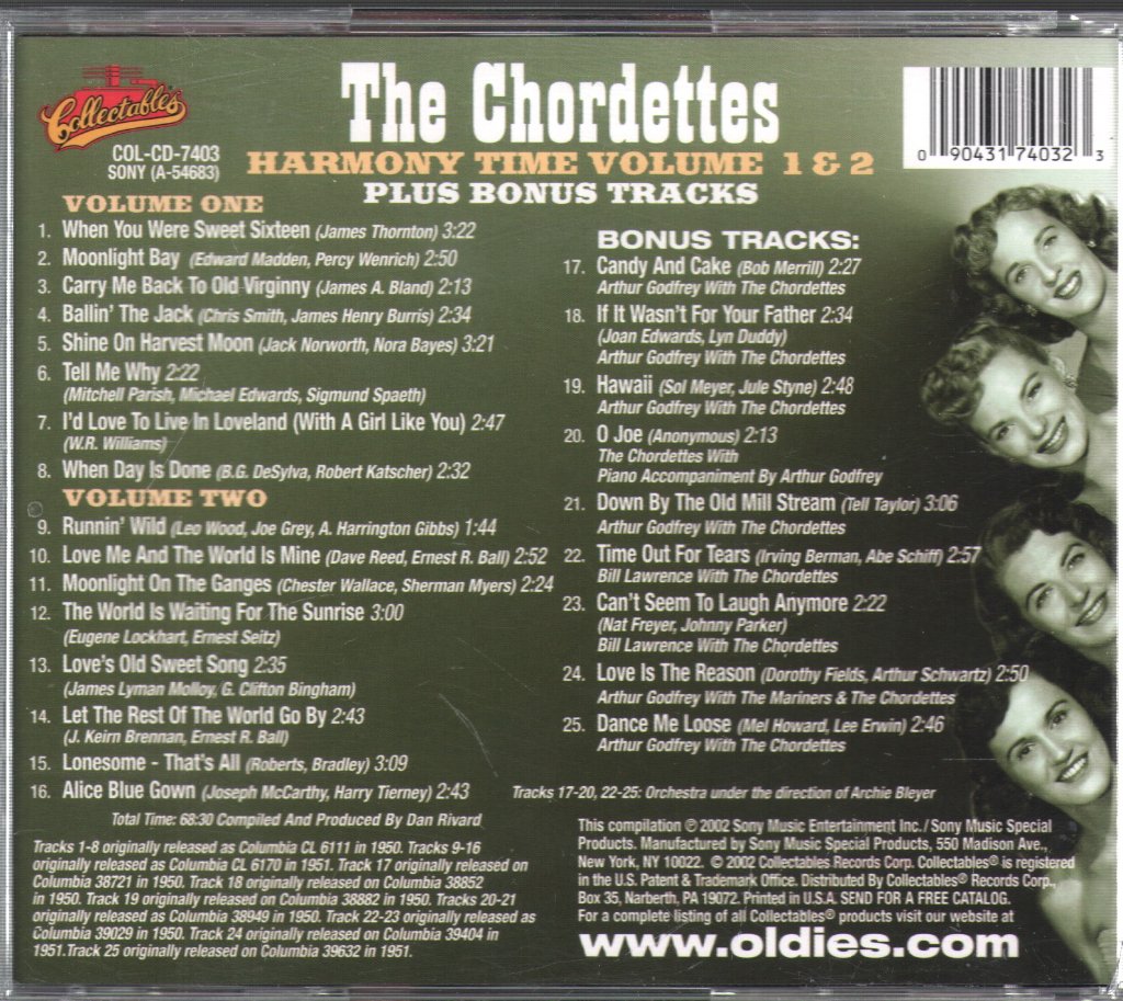 Chordettes - Harmony Time Volume 1 & 2 Plus Bonus Tracks - Cd