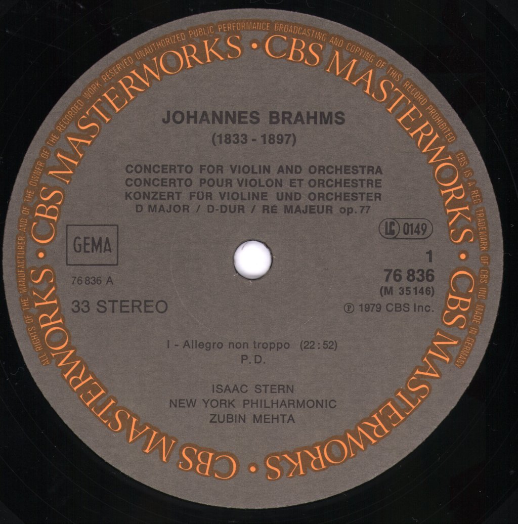 Isaac Stern / Zubin Mehta / New York Philharmonic - Brahms - Violin Concerto - Lp
