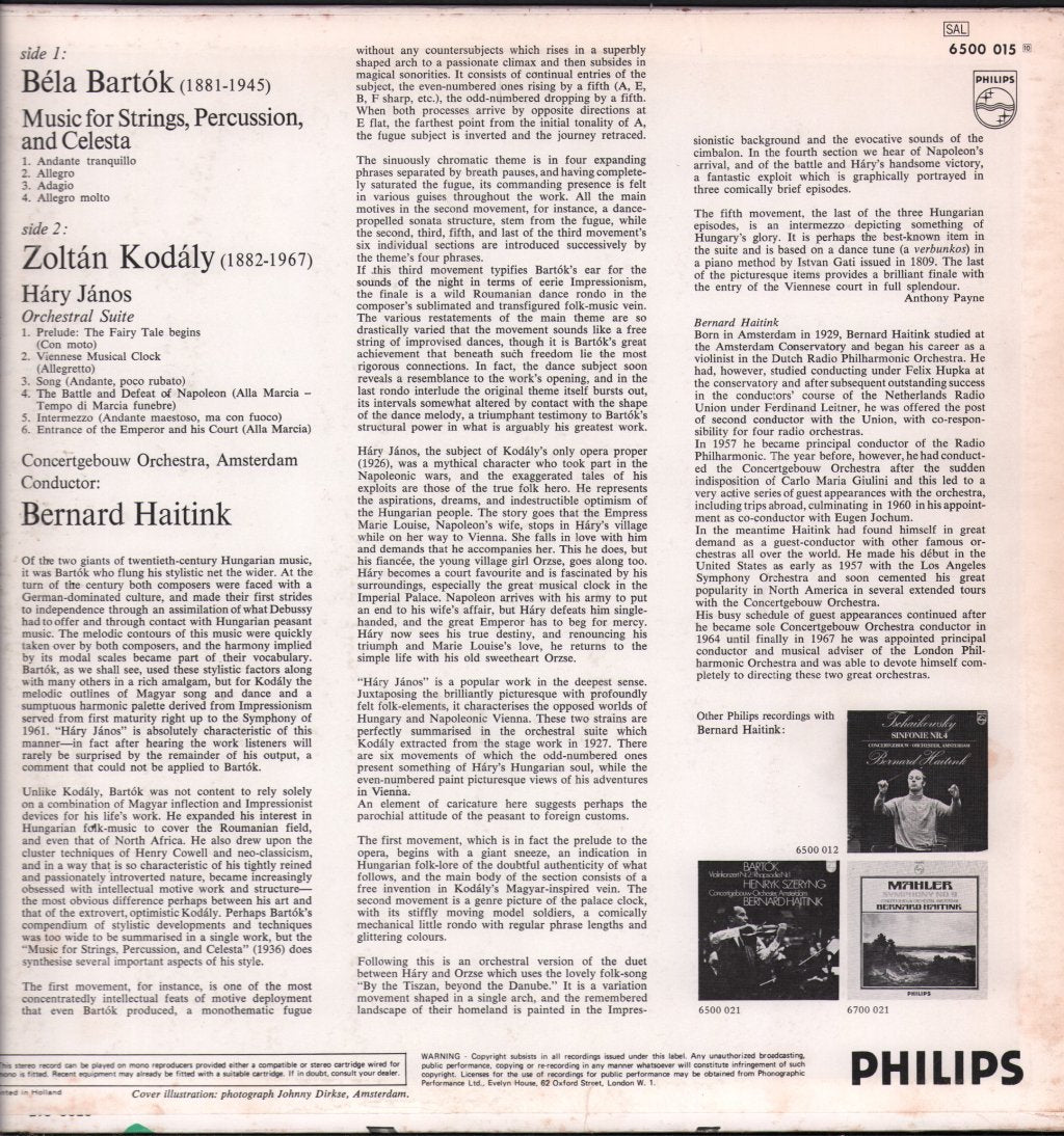 Bernard Haitink / Concertgebouw Orchestra, Amsterdam - Bartok - Music For Strings, Percussion and Celesta / Kodaly - Hary Janos Suite - Lp