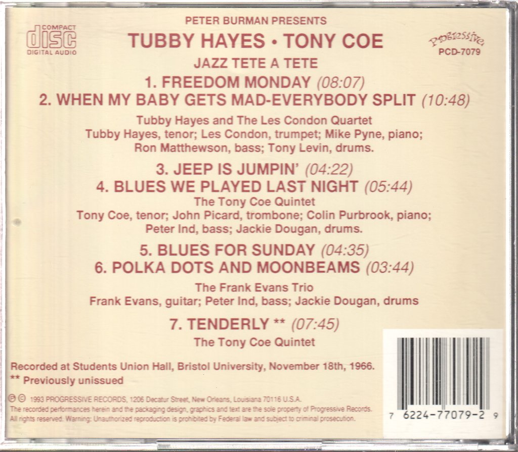 Tubby Hayes - Tony Coe - Peter Burman Presents - Jazz Tete A Tete - Cd