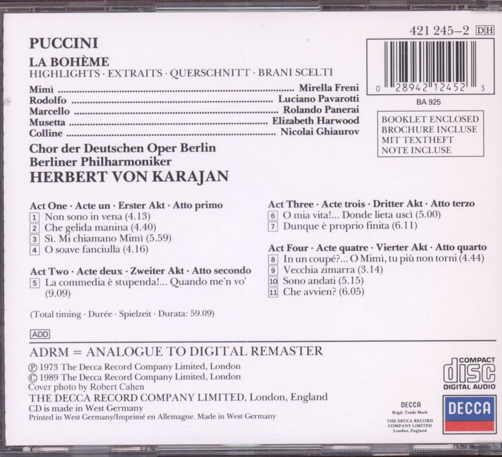 Orchester Der Deutschen Oper Berlin, Berliner Philharmoniker, Herbert von Karajan - Puccini - La Bohème - Highlights - Cd
