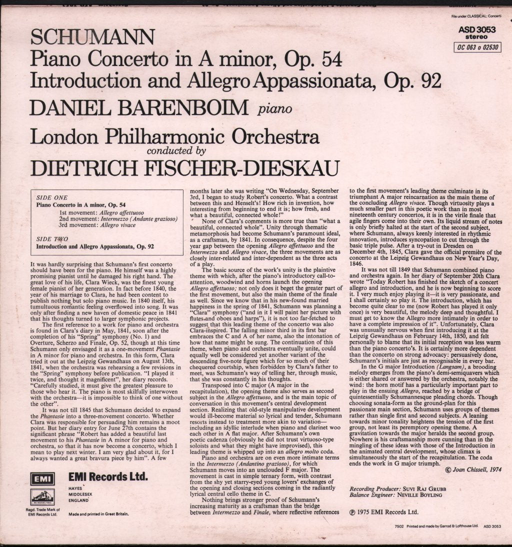 Daniel Barenboim / Dietrich Fischer-Dieskau / London Philharmonic Orchestra - Schumann - Piano Concerto - Lp