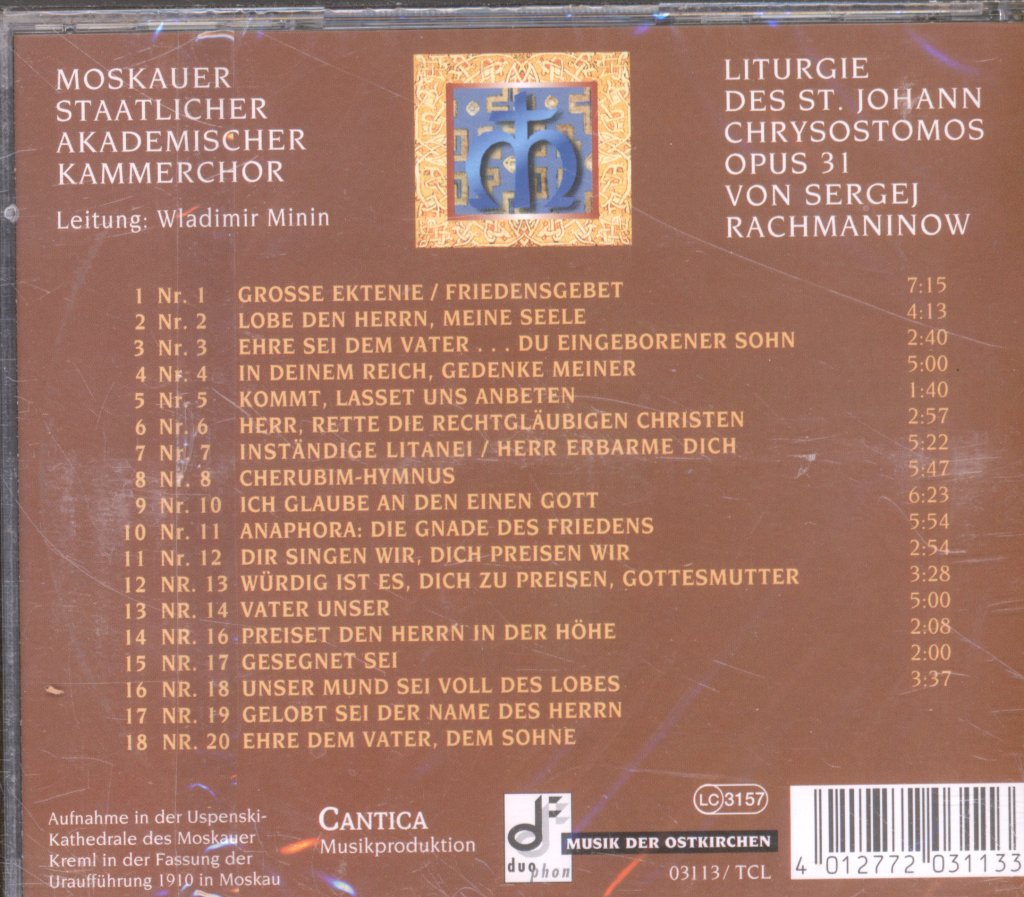 Moskauer Staatlicher Akademischer Kammerchor , Wladimir Minin - Rachmaninoff - Liturgie Des St. Johann Chrysostomos Opus 31 - Cd