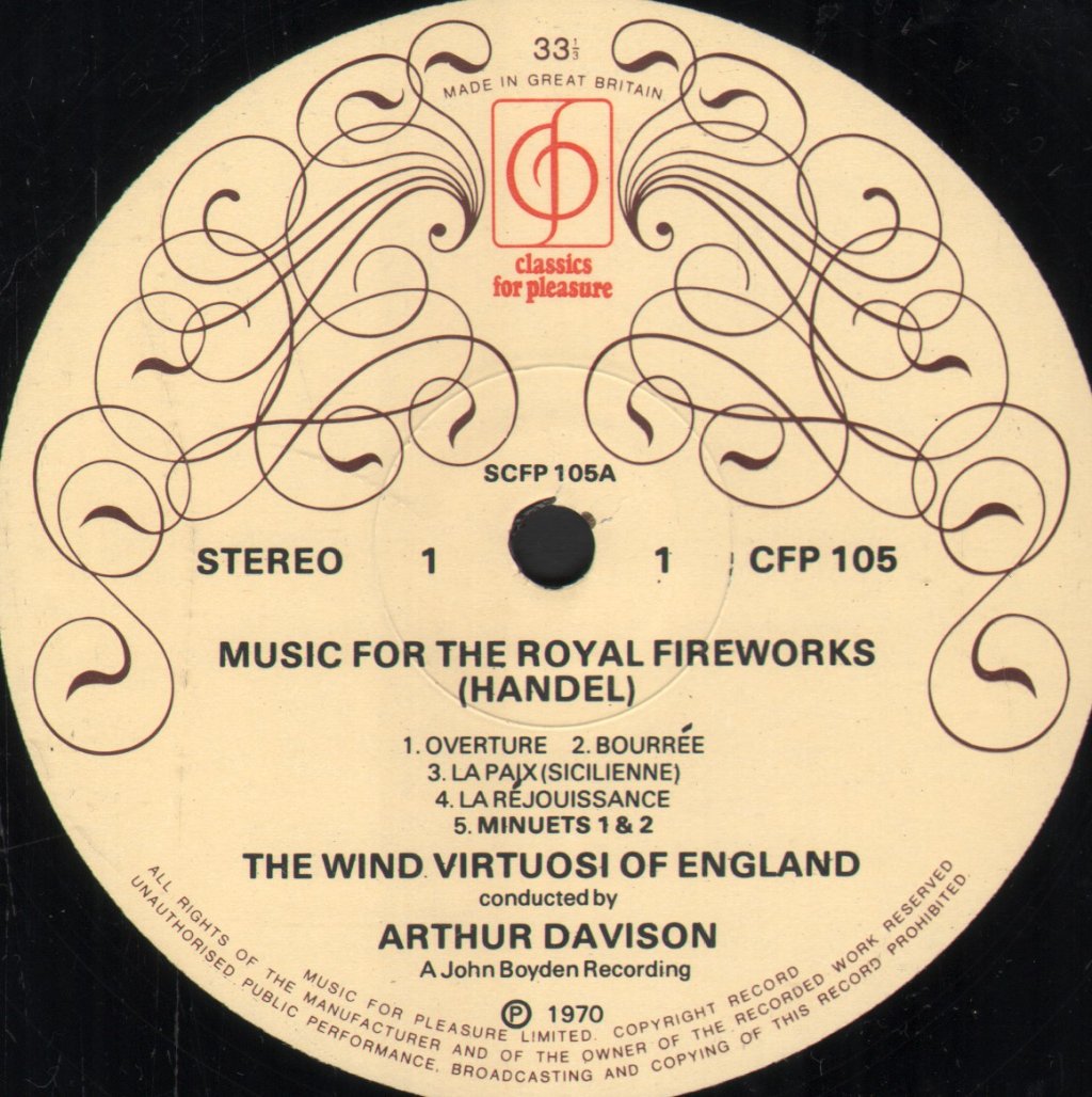 Virtuosi Of England / Arthur Davison - Handel - Music For The Royal Fireworks - Lp