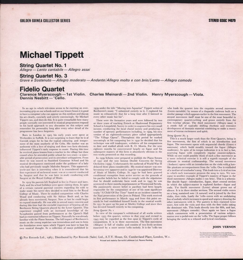 Fidelio Quartet - Tippett - String Quartet No.1 / String Quartet No.3 - Lp