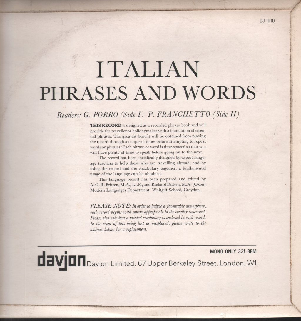 G Porro and P Franchetto - Italian Phrases And Words - Lp