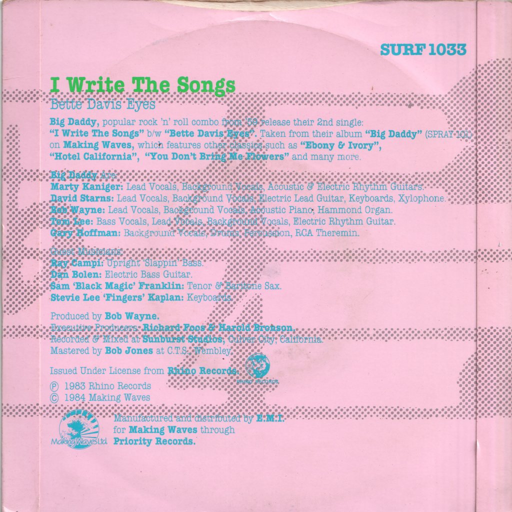 Big Daddy - I Write The Songs - 7 Inch