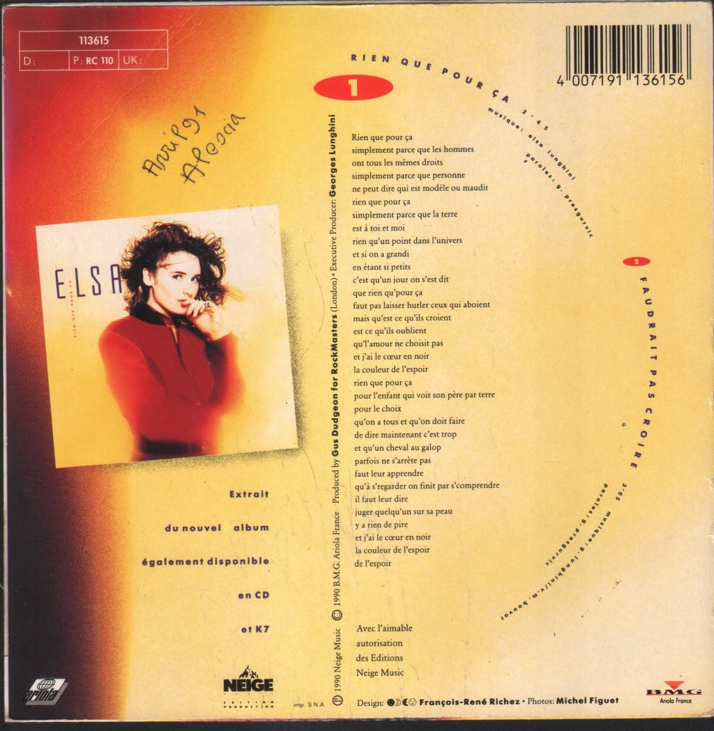 Elsa (Pop) - Rien Que Pour Ça - 7 Inch