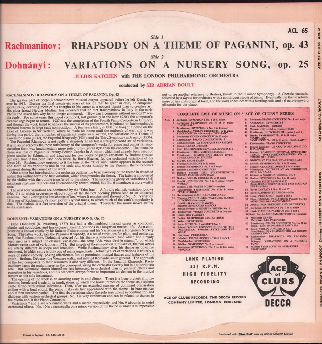 Julius Katchen / Sir Adrian Boult / London Philharmonic Orchestra - Rachmaninov - Rhapsody On A Theme Of Paganini / Dohnányi - Variations On A Nursery Song - Lp