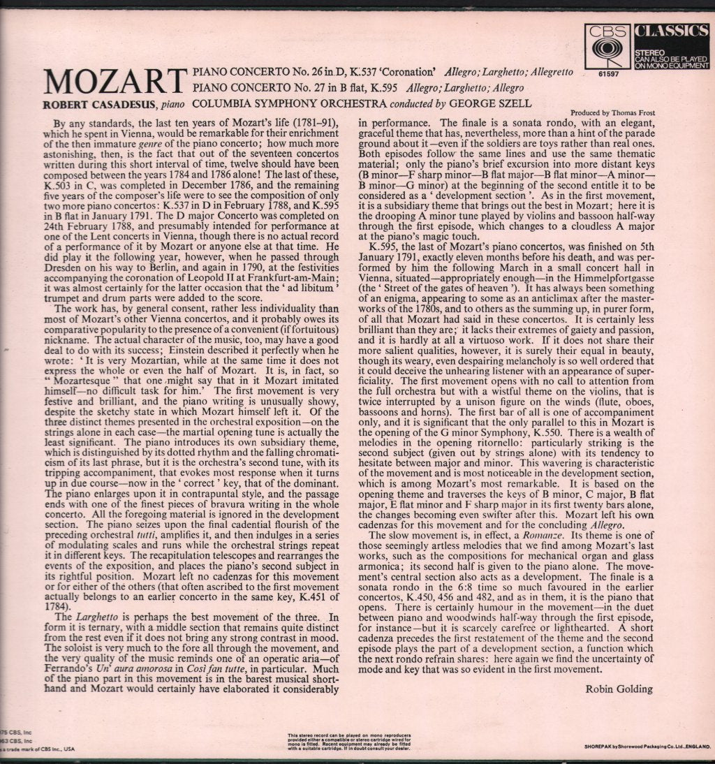 Robert Casadesus / George Szell / Columbia Symphony Orchestra - Mozart - Piano Concerto No. 26 In D Major "Coronation" / Piano Concerto No. 27 In B-Flat Major - Lp