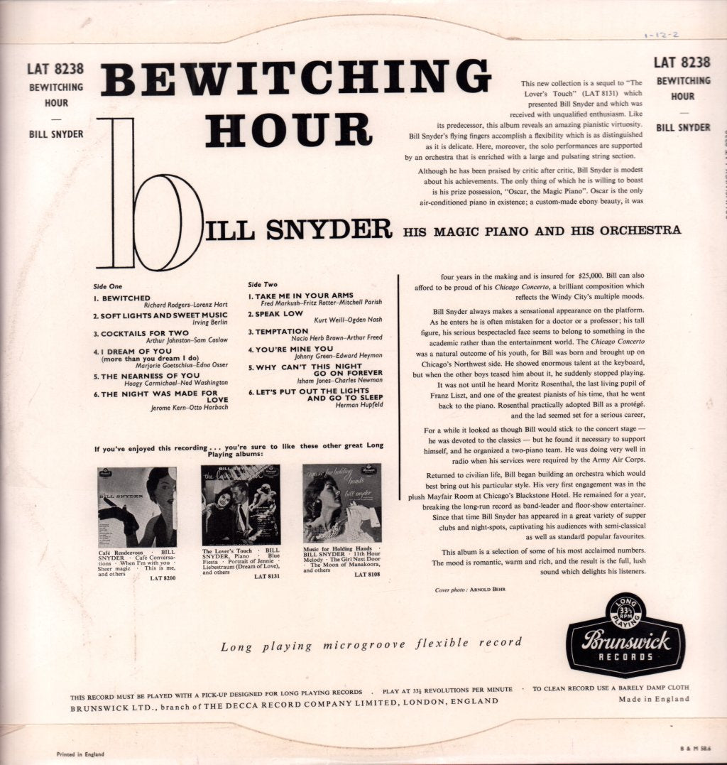 bill snyder his piano and orchestra - Bewitching Hour - Lp