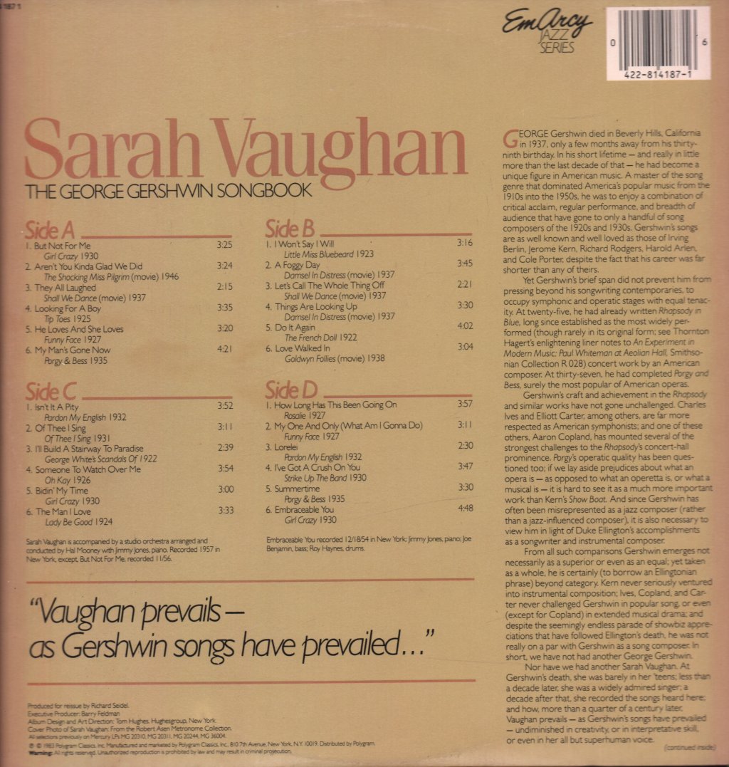 Sarah Vaughan - George Gershwin Songbook - Double Lp