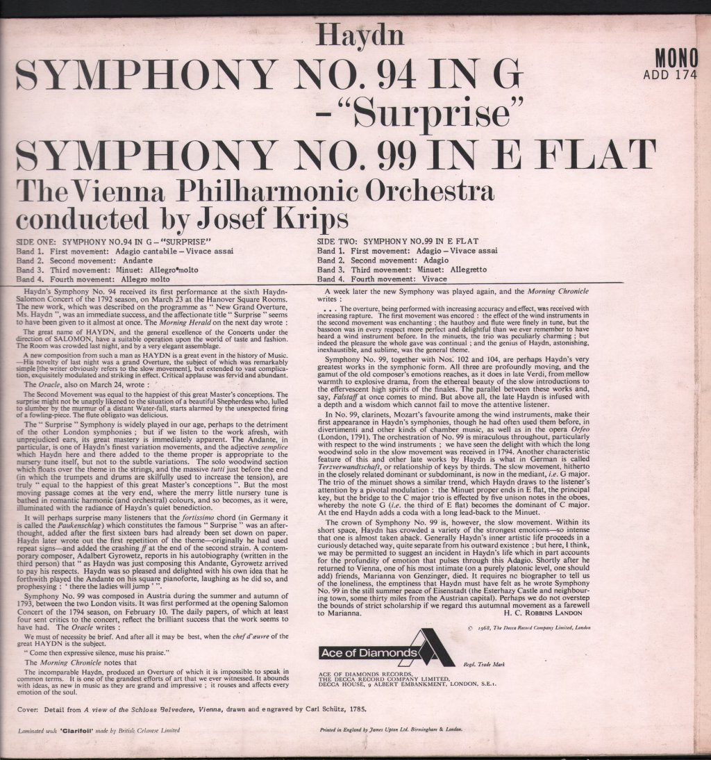 Josef Krips / Vienna Philharmonic Orchestra - Haydn - Symphonies No. 94 - "Surprise" & 99 - Lp
