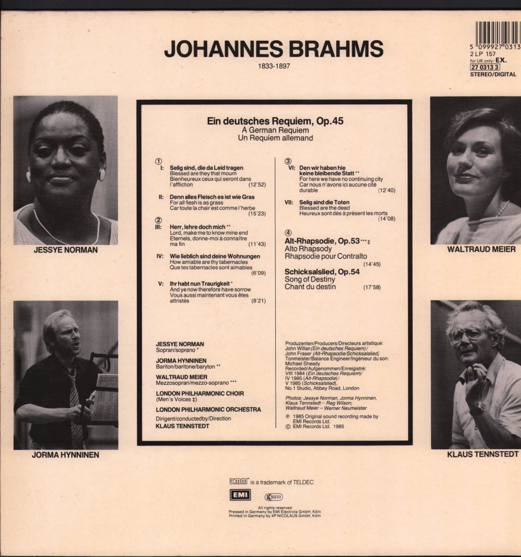 Jessye Norman / Jorma Hynninen / Waltraud Meier / London Philharmonic Orchestra / Klaus Tennstedt - Brahms - A German Requiem / Alto Rhapsody / Song Of Destiny - Double Lp